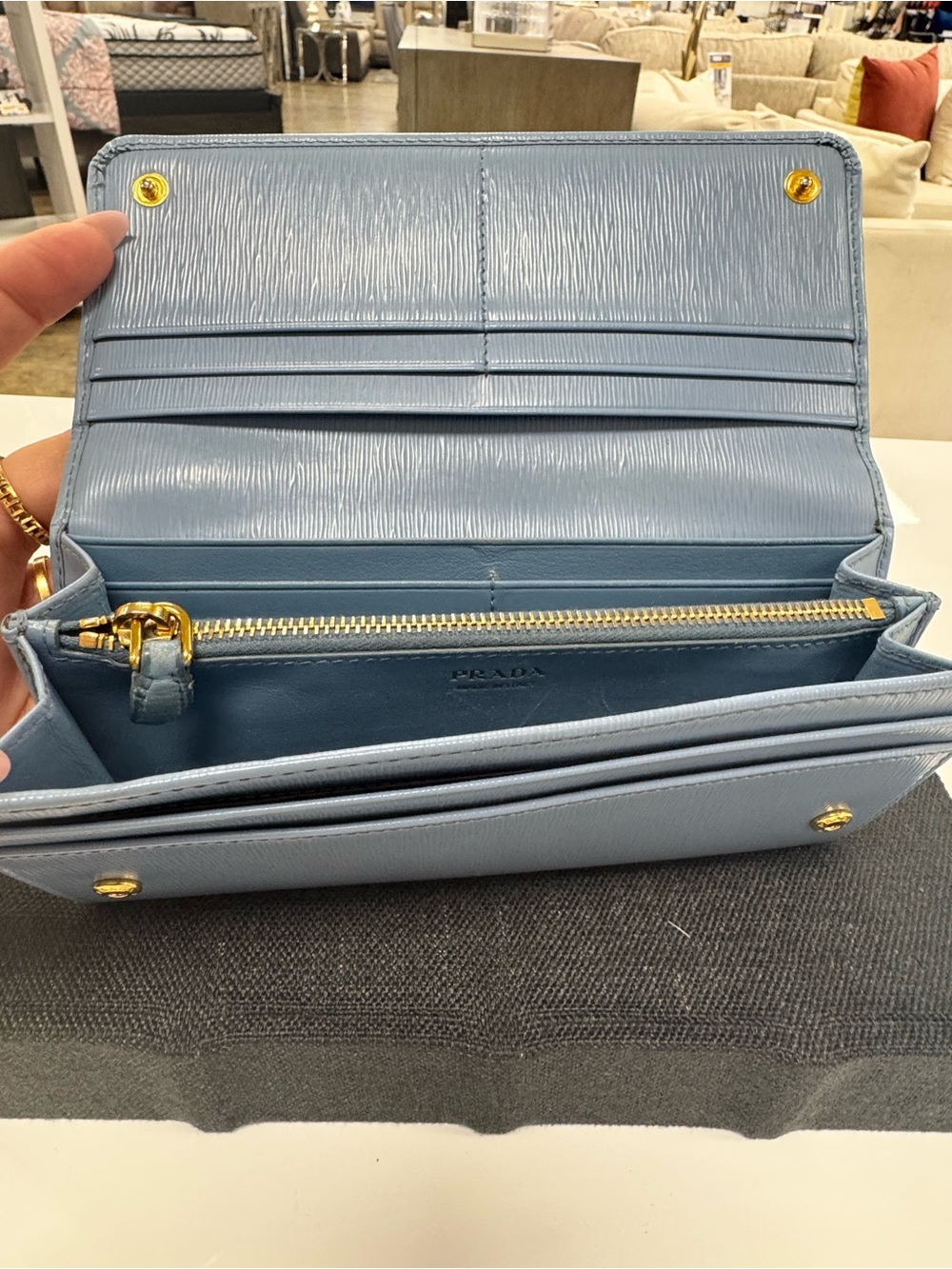 Prada Powder Blue Saffiano Leather Continental Wallet with Gold Logo - Picture 2 of 13